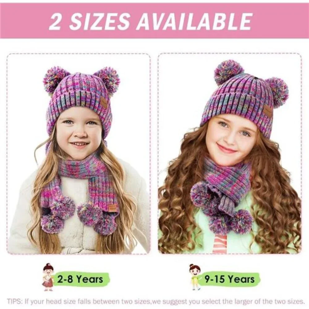 Kids‎ Purple Winter Hat Gloves Scarf Set, Girls Toddler Children Beanie Snow Cap